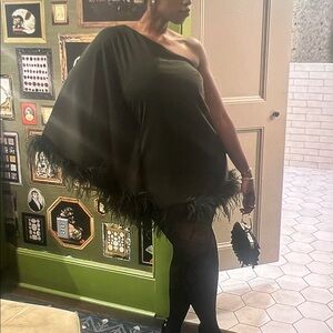 ANTONIO MELANI One Shoulder Dress with Feather Trim